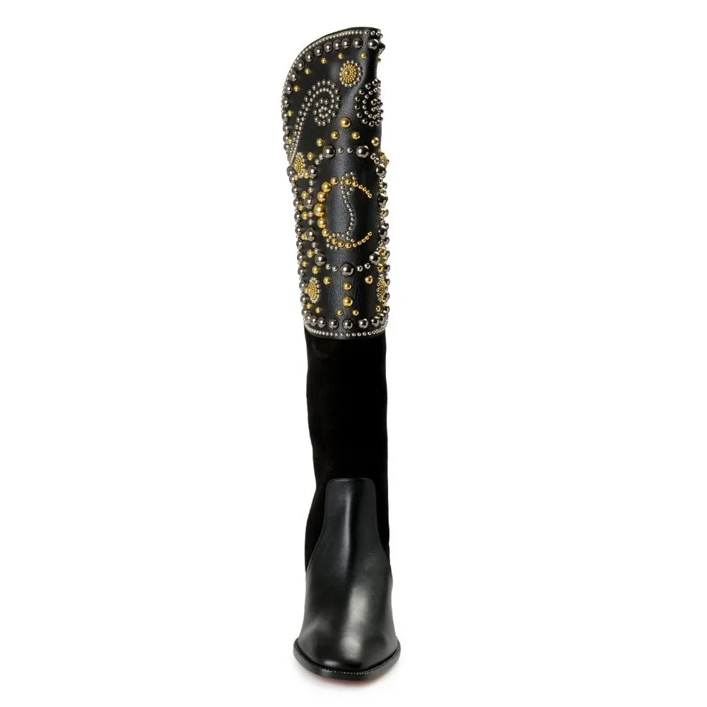Christian Louboutin Black Over-the-Knee Boot with Gold Stud Detailing